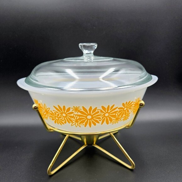 Vintage Glasbake Ovenware Yellow Daisy Casserole 514 Lid Brass Warming Stand Lid - Picture 5 of 16